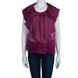 Red Valentino Burgundy Ruffle Overlay Sheer Top M