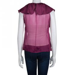 Red Valentino Burgundy Ruffle Overlay Sheer Top M