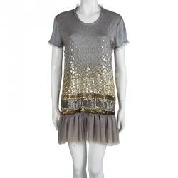 Pre Owned RED Valentino Grey Embellished Mesh Overlay Ruffle Bottom Dress S