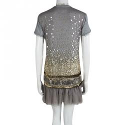 Pre Owned RED Valentino Grey Embellished Mesh Overlay Ruffle Bottom Dress S