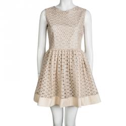 Pre Owned Red Valentino Beige Ribbon Mesh Overlay Gathered Sleeveless Dress M