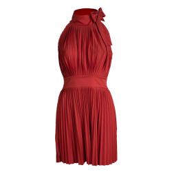 Pre Owned Red Valentino Red Pleated Neck Tie Detail Sleeveless Dress M