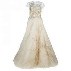 Reem Acra Beige Tulle Embellished Gown M