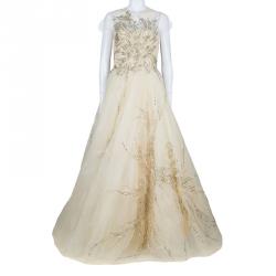 Reem Acra Beige Tulle Embellished Gown M