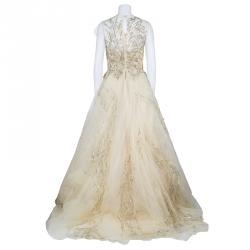 Reem Acra Beige Tulle Embellished Gown M