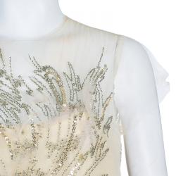 Reem Acra Beige Tulle Embellished Gown M