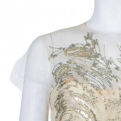 Reem Acra Beige Tulle Embellished Gown M