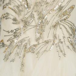 Reem Acra Beige Tulle Embellished Gown M