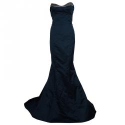 Pre Owned Reem Acra Navy Blue Strapless Silk Gown