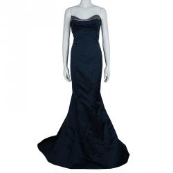 Pre Owned Reem Acra Navy Blue Strapless Silk Gown