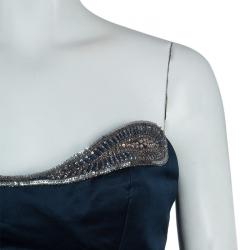 Pre Owned Reem Acra Navy Blue Strapless Silk Gown