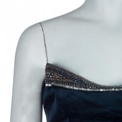 Pre Owned Reem Acra Navy Blue Strapless Silk Gown