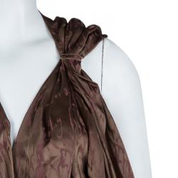 Reem Acra Brown Printed Silk Draped Sleeveless Dress M