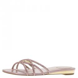René Caovilla Pink Satin Embellished Flat Slides Size 38.5