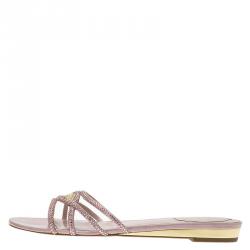 René Caovilla Pink Satin Embellished Flat Slides Size 38.5