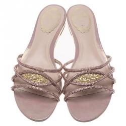 René Caovilla Pink Satin Embellished Flat Slides Size 38.5