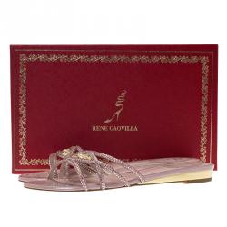 René Caovilla Pink Satin Embellished Flat Slides Size 38.5