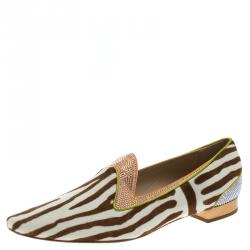 René Caovilla Zebra Printed Pony Hair Crystal Embellished Smoking Slippers Size 40