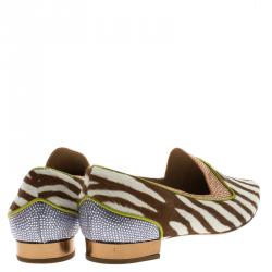 René Caovilla Zebra Printed Pony Hair Crystal Embellished Smoking Slippers Size 40