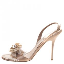 Pre Owned Rene Caovilla Beige Satin Floral Embellished Slingback Sandals Size 38