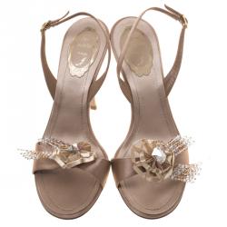 Pre Owned Rene Caovilla Beige Satin Floral Embellished Slingback Sandals Size 38