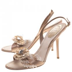 Pre Owned Rene Caovilla Beige Satin Floral Embellished Slingback Sandals Size 38