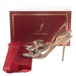 Pre Owned Rene Caovilla Beige Satin Floral Embellished Slingback Sandals Size 38