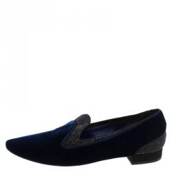 مملوكة مسبقًا René Caovilla Blue Crystallized Velvet Smoking Slippers Size 37