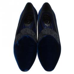 مملوكة مسبقًا René Caovilla Blue Crystallized Velvet Smoking Slippers Size 37
