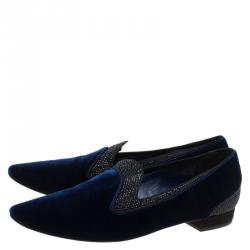 مملوكة مسبقًا René Caovilla Blue Crystallized Velvet Smoking Slippers Size 37