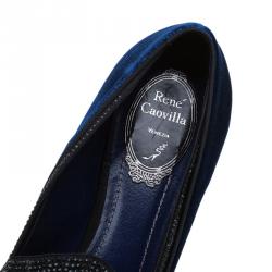 مملوكة مسبقًا René Caovilla Blue Crystallized Velvet Smoking Slippers Size 37
