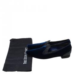 مملوكة مسبقًا René Caovilla Blue Crystallized Velvet Smoking Slippers Size 37
