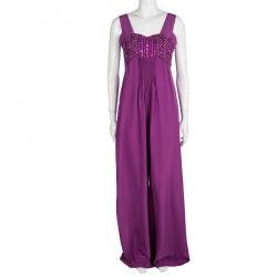 Pre Owned Roberto Cavalli Purple Silk Embellished Sleeveless Jumpsuit M