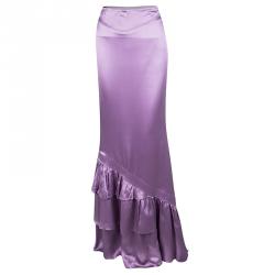 Pre Owned Roberto Cavalli Purple Satin Ruffled Bottom Maxi Skirt M