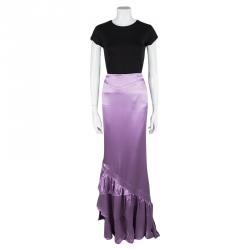 Pre Owned Roberto Cavalli Purple Satin Ruffled Bottom Maxi Skirt M