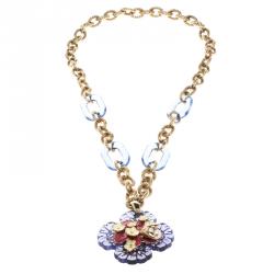 Pre Owned قلادة روبرتو كافالي وردة راتنج وإيناميل وسلسلة ذهبية اللون طويلة