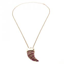 Pre Owned Roberto Cavalli Pink Enamel Gold Tone Horn Pendant Necklace