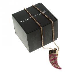 Pre Owned Roberto Cavalli Pink Enamel Gold Tone Horn Pendant Necklace
