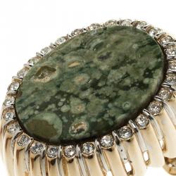 Pre Owned Roberto Cavalli Oval Green Stone Gold Tone Open-Cuff Bracelet 18cm