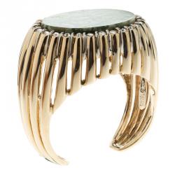 Pre Owned Roberto Cavalli Oval Green Stone Gold Tone Open-Cuff Bracelet 18cm