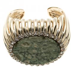 Pre Owned Roberto Cavalli Oval Green Stone Gold Tone Open-Cuff Bracelet 18cm
