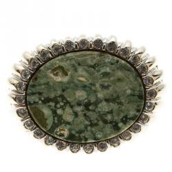 Pre Owned Roberto Cavalli Oval Green Stone Gold Tone Open-Cuff Bracelet 18cm