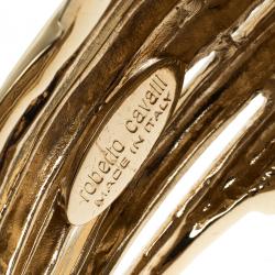 Pre Owned Roberto Cavalli Oval Green Stone Gold Tone Open-Cuff Bracelet 18cm