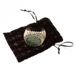 Pre Owned Roberto Cavalli Oval Green Stone Gold Tone Open-Cuff Bracelet 18cm