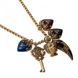 Pre Owned Roberto Cavalli Multi Color Gold Tone Charm Long Necklace