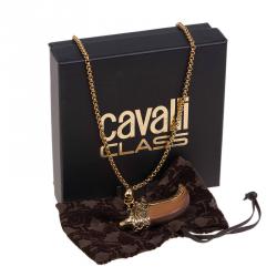 Pre Owned Roberto Cavalli Brown Leather Tooth Gold Tone Pendant Necklace