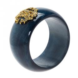Pre Owned Roberto Cavalli Gold Tone Crystal Logo & Blue Lacquered Wide Bangle 19cm