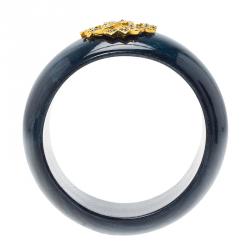 Pre Owned Roberto Cavalli Gold Tone Crystal Logo & Blue Lacquered Wide Bangle 19cm