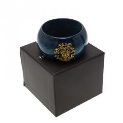 Pre Owned Roberto Cavalli Gold Tone Crystal Logo & Blue Lacquered Wide Bangle 19cm