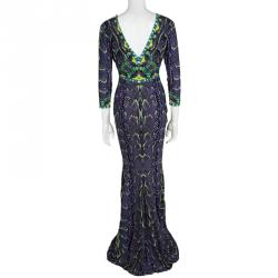 Pre Owned فستان ماكسي روبرتو كافالي نقشة الثعبان متعدد الألوان مطبوع بأكمام طويلة M